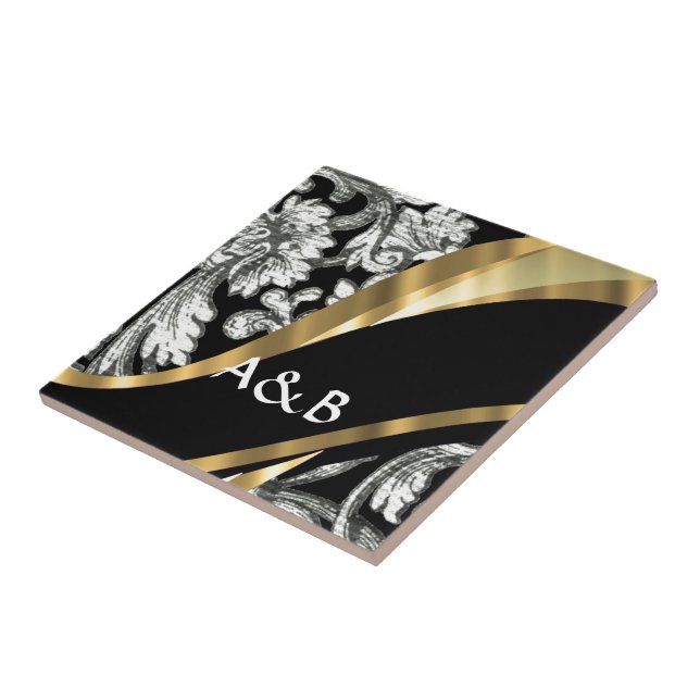 Black & white floral damask ceramic tile (Side)