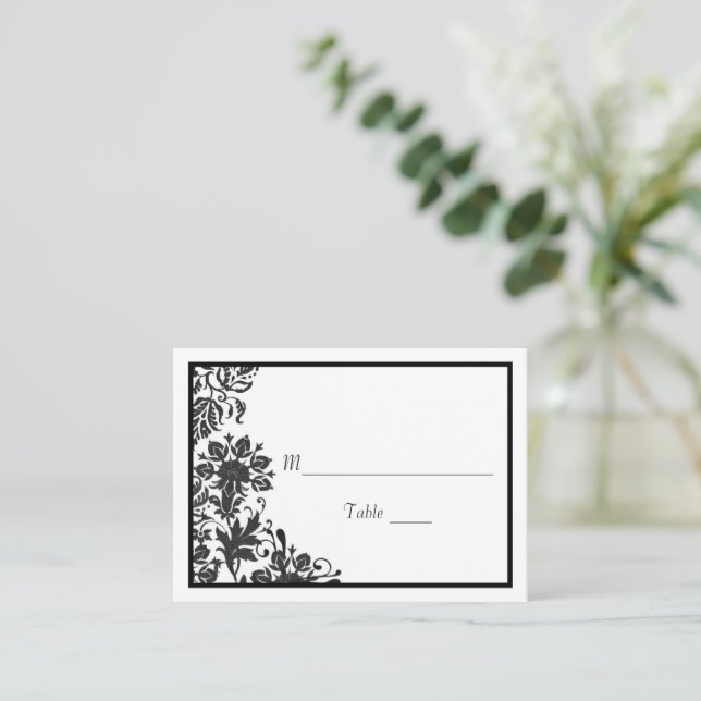 Black & White Floral Damask | Custom Flat Place Card (Standing Front)