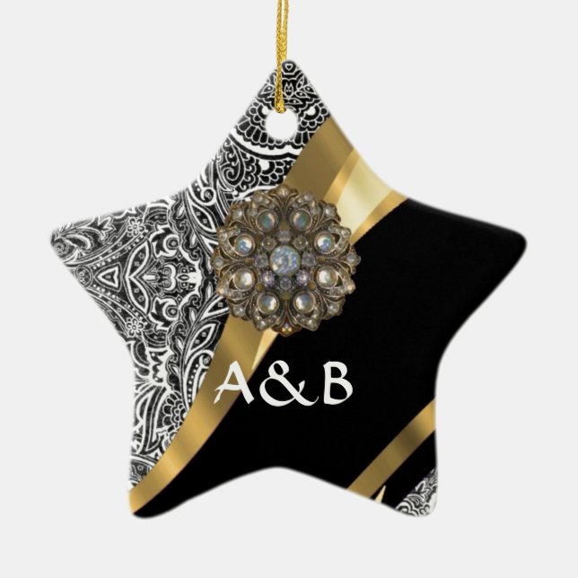 Black & white floral damask pattern ceramic ornament (Front)
