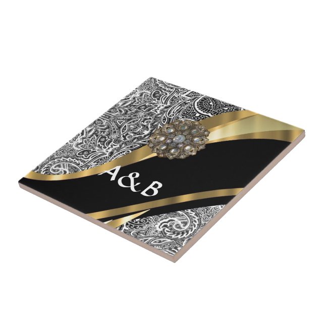 Black & white floral damask pattern ceramic tile (Side)