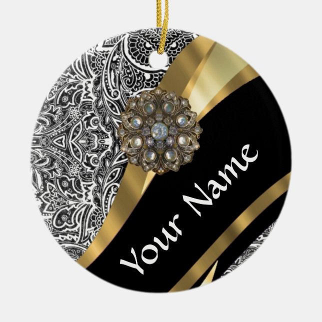 Black & white floral damask pattern ceramic tree decoration (Front)