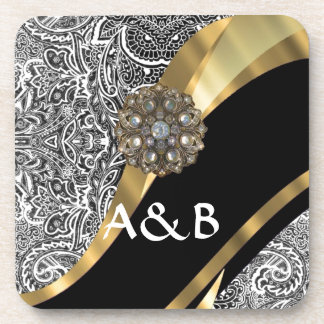 Black & white floral damask pattern coaster