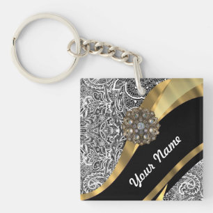 Black & white floral damask pattern key ring