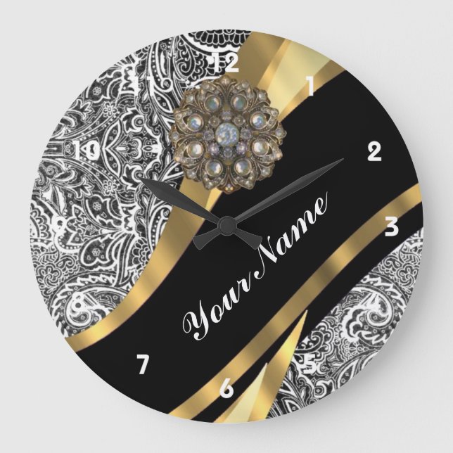 Black & white floral damask pattern large clock (Front)