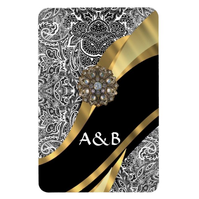 Black & white floral damask pattern magnet (Vertical)