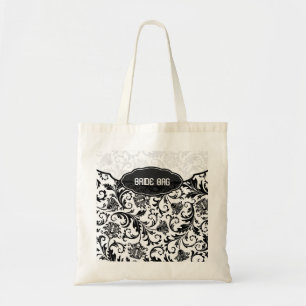 Black & White Floral Damask Pattern-Monogram Tote Bag