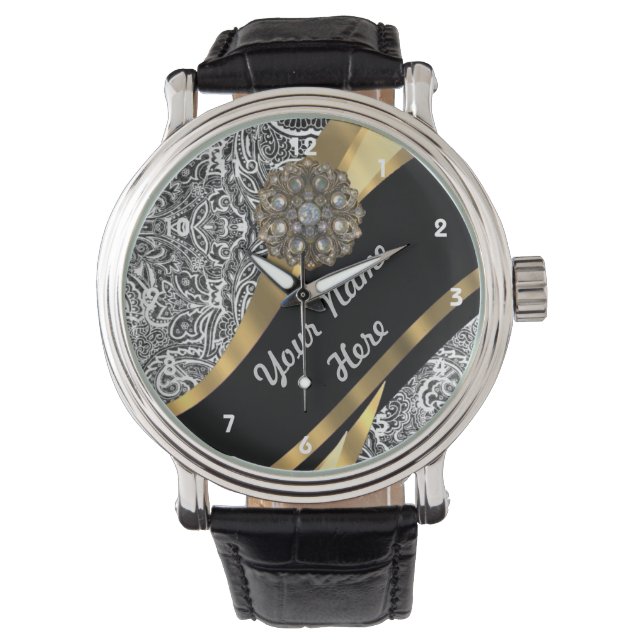 Black & white floral damask pattern watch (Front)