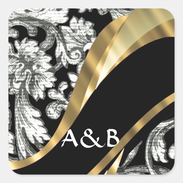Black & white floral damask square sticker (Front)