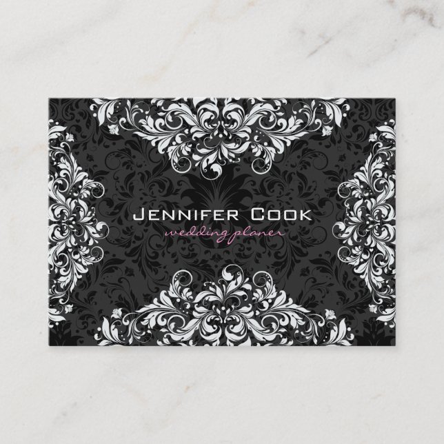 Black & White Floral Damasks 3 Wedding Planner Business Card (Front)