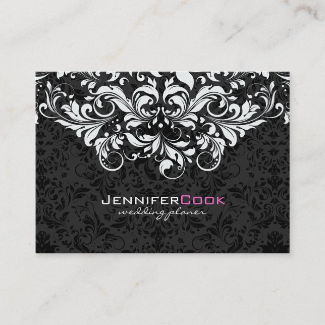 Black & White Floral Damasks 4 Wedding Planner Business Card (Front)