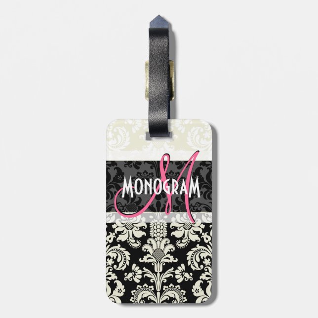 Black & White Floral Damasks Customised Luggage Tag (Back Vertical)