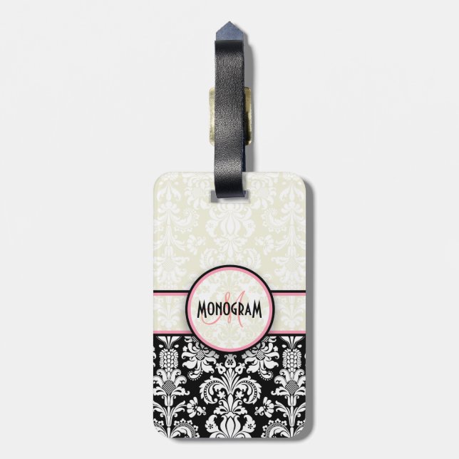 Black & White Floral Damasks Customised Luggage Tag (Back Vertical)