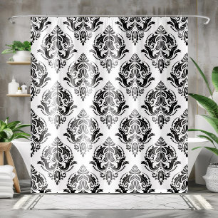 Black & White Floral Damasks Pattern Shower Curtain