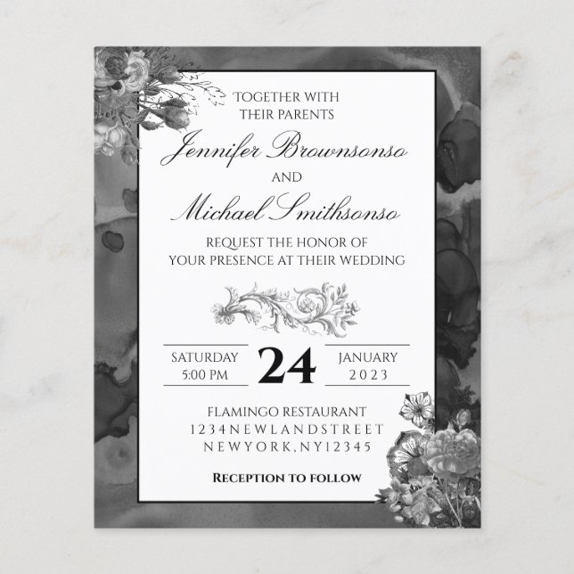 Black White floral Elegant Wedding Budget Flyer (Front)