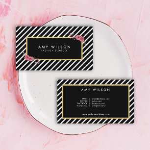 Black White Floral Fashion Blogger Social Media Business Card