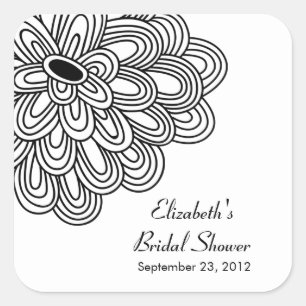 Black White Floral Flowers Bridal Shower Favour Square Sticker