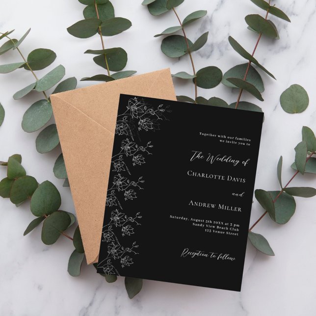 Black white floral formal wedding invitation (Creator Uploaded)