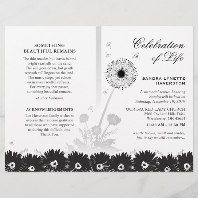 Black & White Floral Funeral Program with Photo (Front)