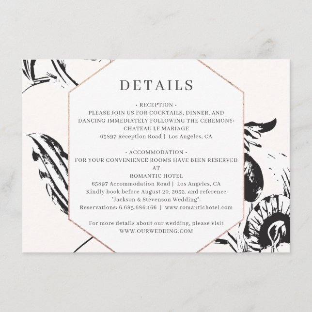 Black white floral geometric frame wedding details enclosure card (Front)