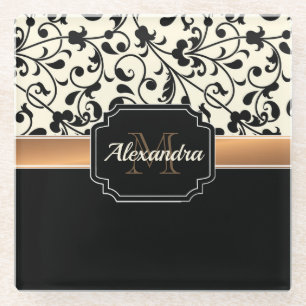 Black & White Floral Glass Coaster