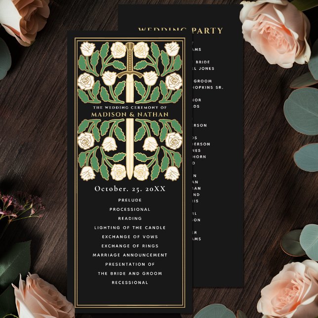 Black White Floral Gold Sword Royal Wedding Program (Creator Uploaded)