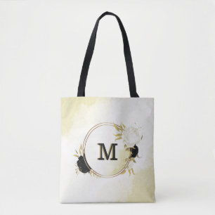 black & white floral gold tote bag
