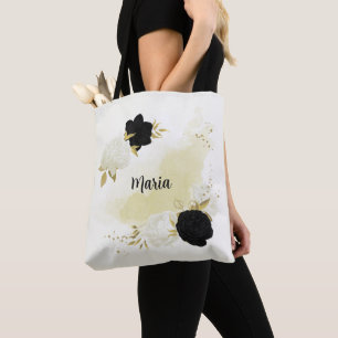 black & white floral gold tote bag