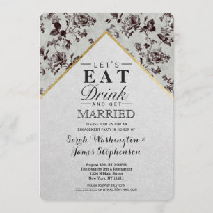 Black & White Floral & Gold Trim Recycled Paper Invitation