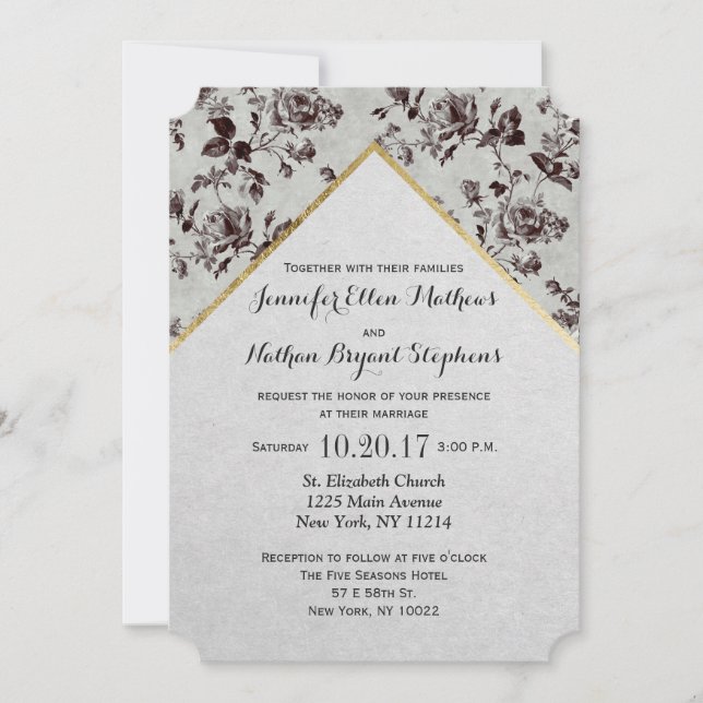 Black & White Floral & Gold Trim Recycled Paper Invitation (Front)