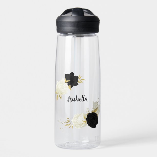 black & white floral gold  water bottle (Front)