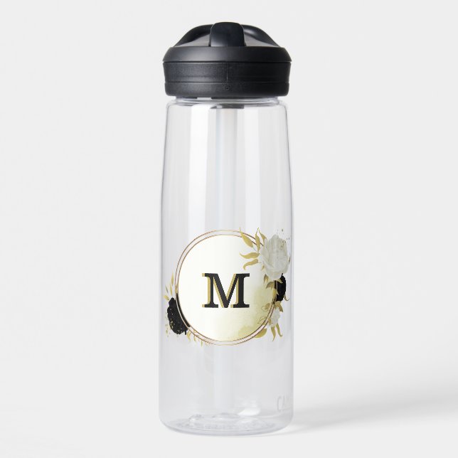 black & white floral gold  water bottle (Front)