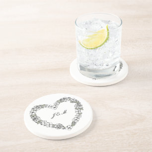 Black & White Floral Heart Sandstone Coaster