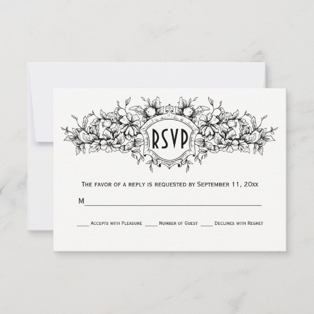 Black, white floral heraldic crest wedding RSVP (Front)