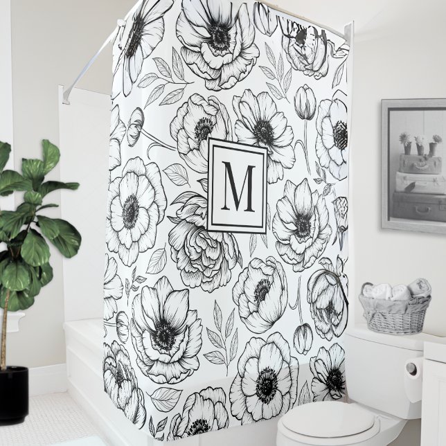 Black White Floral Initial Monogram Shower Curtain (Black White Floral Initial Monogram Shower Curtain)