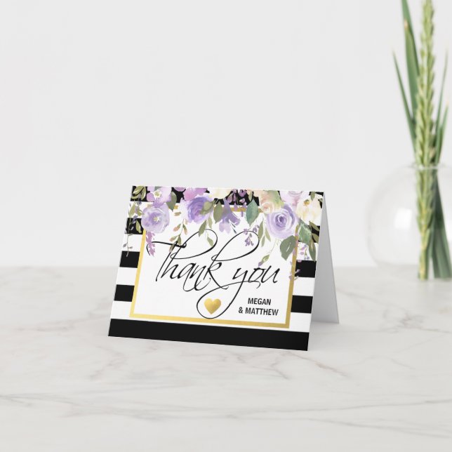 Black White Floral Lilac WEDDING Thank You PHOTO Card (Front)