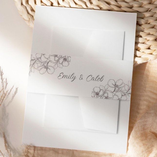 Black & White Floral Line Art Invitation Belly Band (black and white floral wedding invitation belly band)