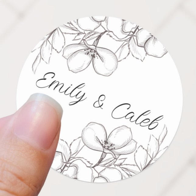 Black & White Floral Line Art Wedding Classic Round Sticker (Creator Uploaded)