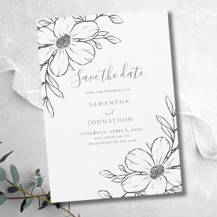 Black White Floral Line Drawing Wedding  Save The Date