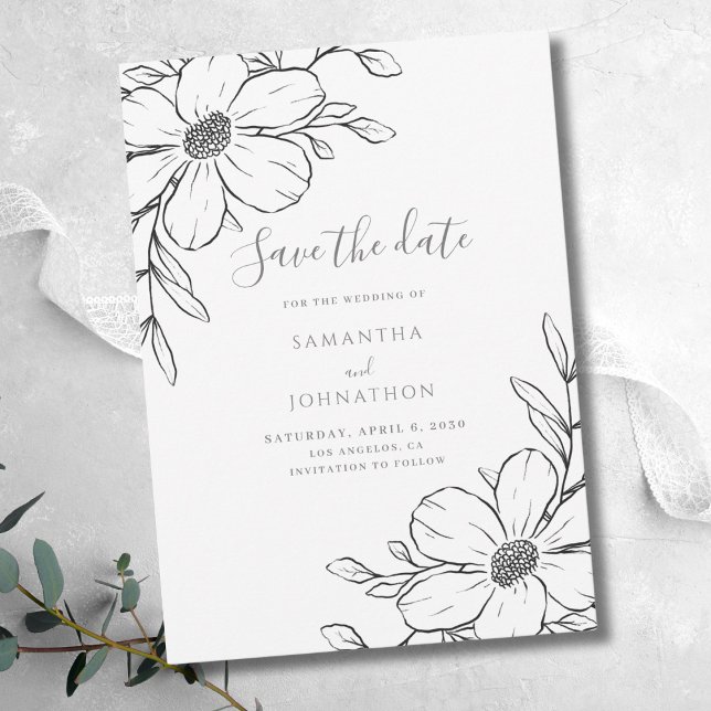Black White Floral Line Drawing Wedding  Save The Date (Creator Uploaded)