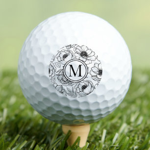 Black White Floral Monogram Golf Balls
