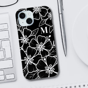 Black White Floral Monogram Initial iPhone 15 Case