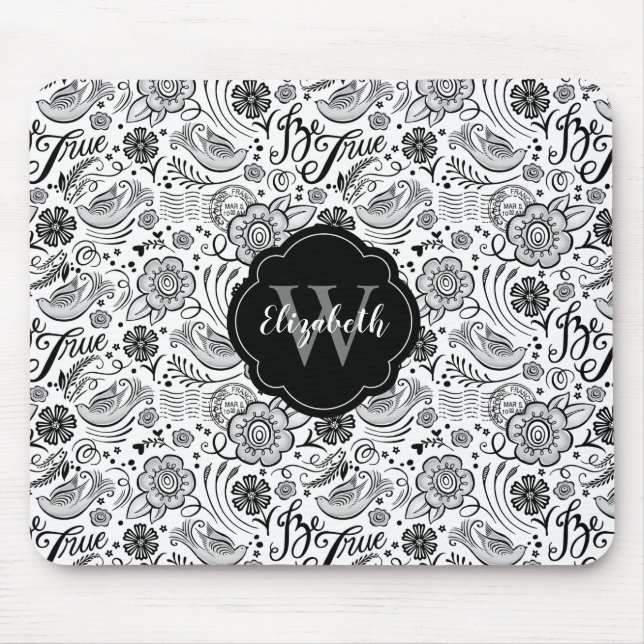 Black White Floral Monogram Mouse Pad (Front)