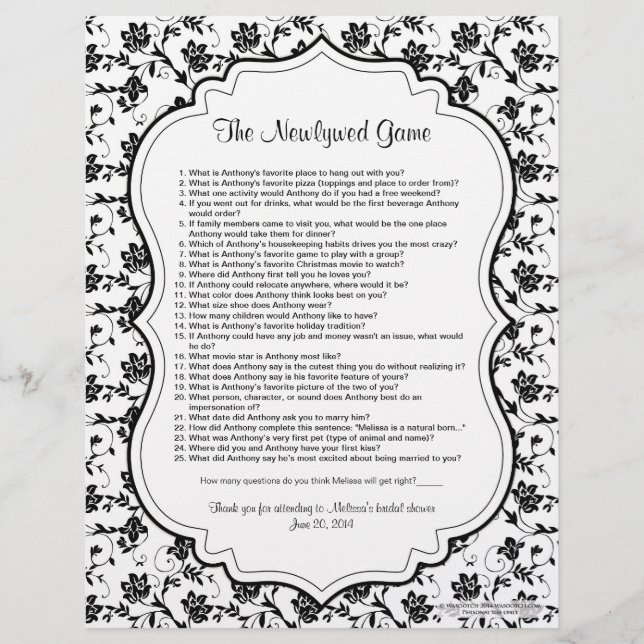 Black White Floral Newlywed Bridal Shower Game (Front)