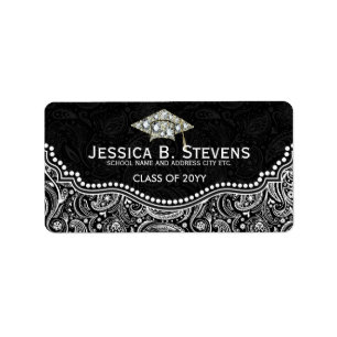 Black & White Floral Paisley Graduation Hat 2 Label