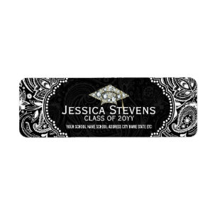 Black & White Floral Paisley Graduation Hat 4 Return Address Label