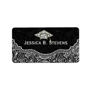 Black & White Floral Paisley Graduation Hat Label
