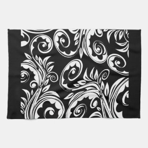 Black white floral paisley pattern tea towel