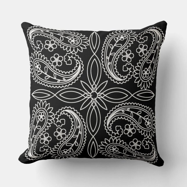 Black & White Floral Paisley Pattern Throw Pillow (Front)