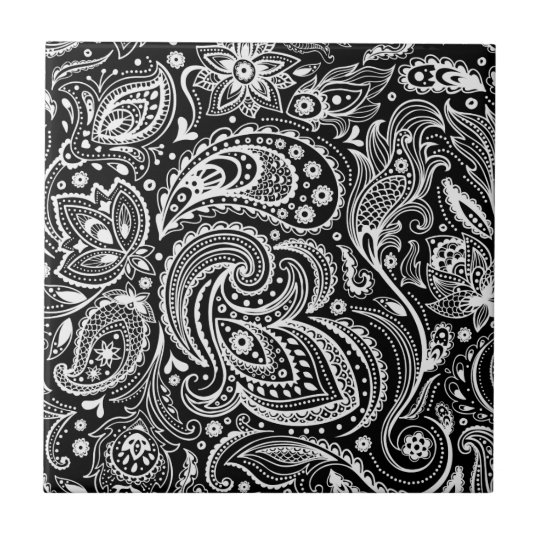 Black & White Floral Paisley Pattern Tile