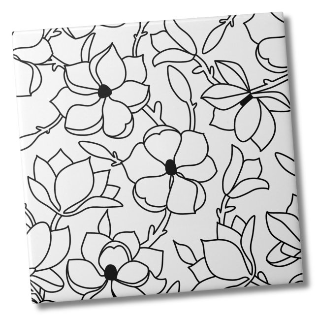 Black White Floral Pattern Ceramic Tile (Whimsical Chic Black White Floral Ceramic Tile)